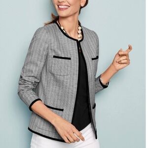Talbots Westport Tweed Jacket Plus Petite 22WP Grey Open Front Black Trim Pocket